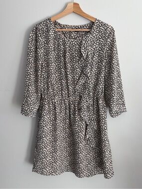 Cream & Black Patterned Long-Sleeve Dress with Elastic Waist